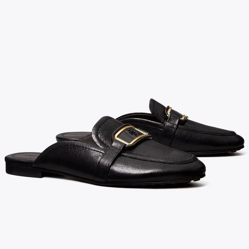 Tory Burch $298 Georgia Backless Loafer Flats Mules Black Gold Logo